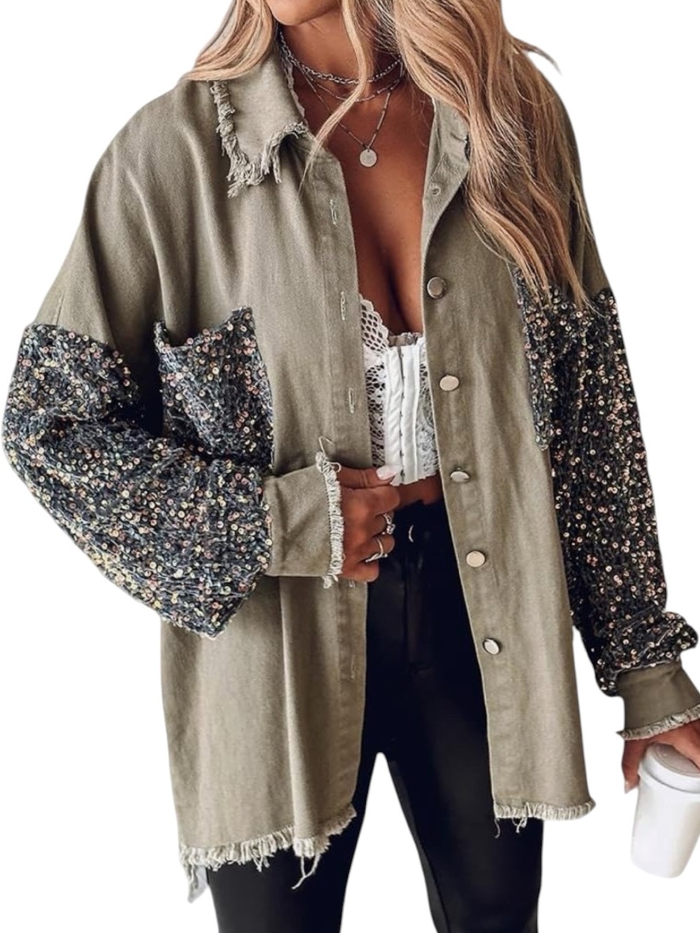 CHICME: Casual Denim Jacket with Sequin Patchwork Long Sleeve Jacket - XXL